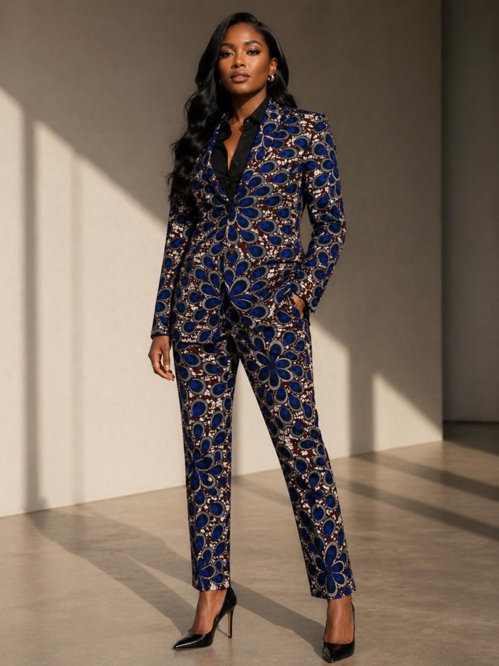 Laurence Airline Blue and Gold Wax Print Peacock Tailored Power Suit UK48/US34